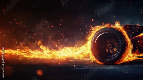 illustration of the back tire of a speeding racing car catching fire with copy space on a dark background, wallpaper advertising poster banner design