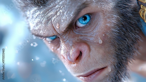 Close Up of a Monkey Blue Eye with Water Droplets photo