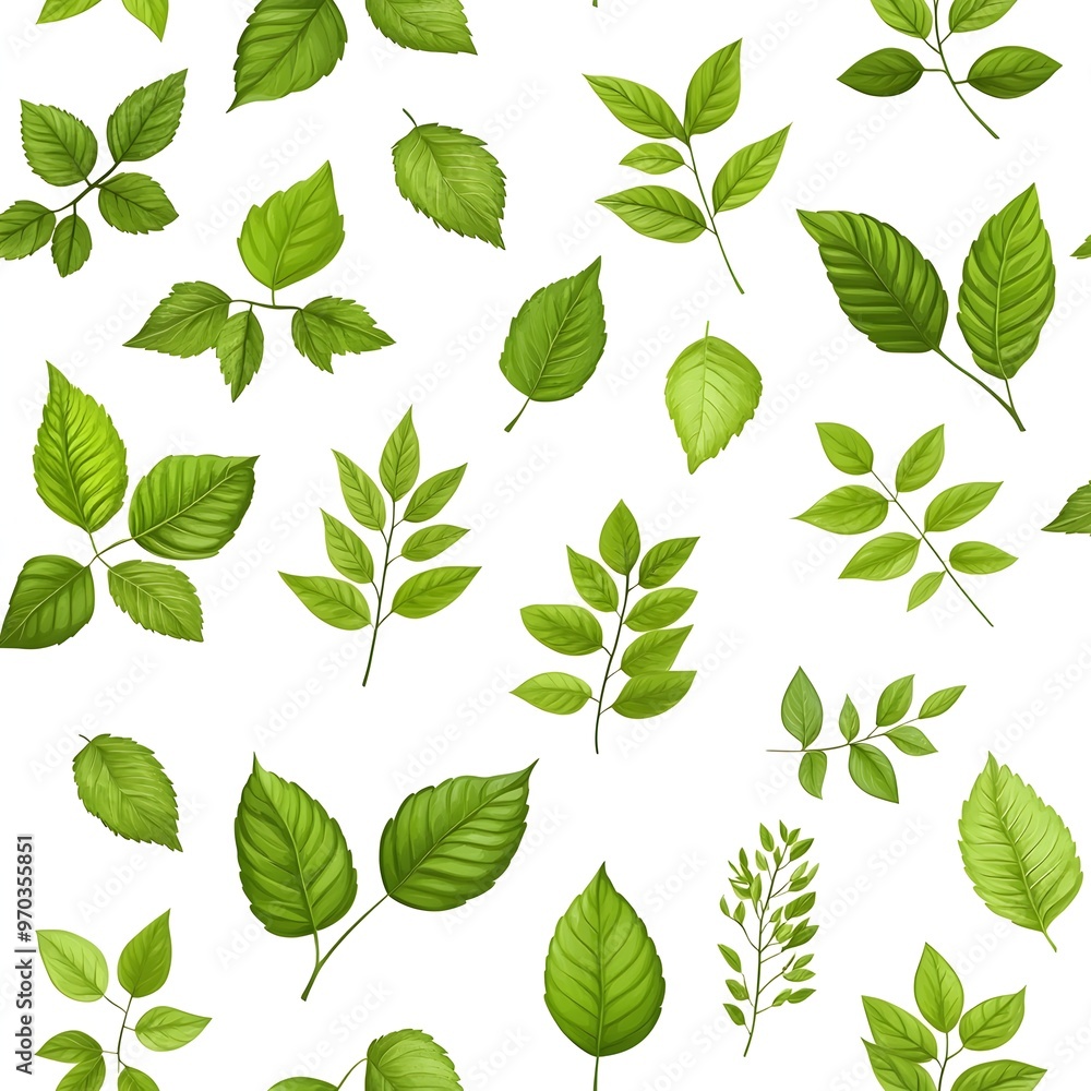 Seamless natural pattern with various fresh and vibrant green leaves on clean white background Seamless natural pattern with various fresh and vibrant green leaves on clean white background