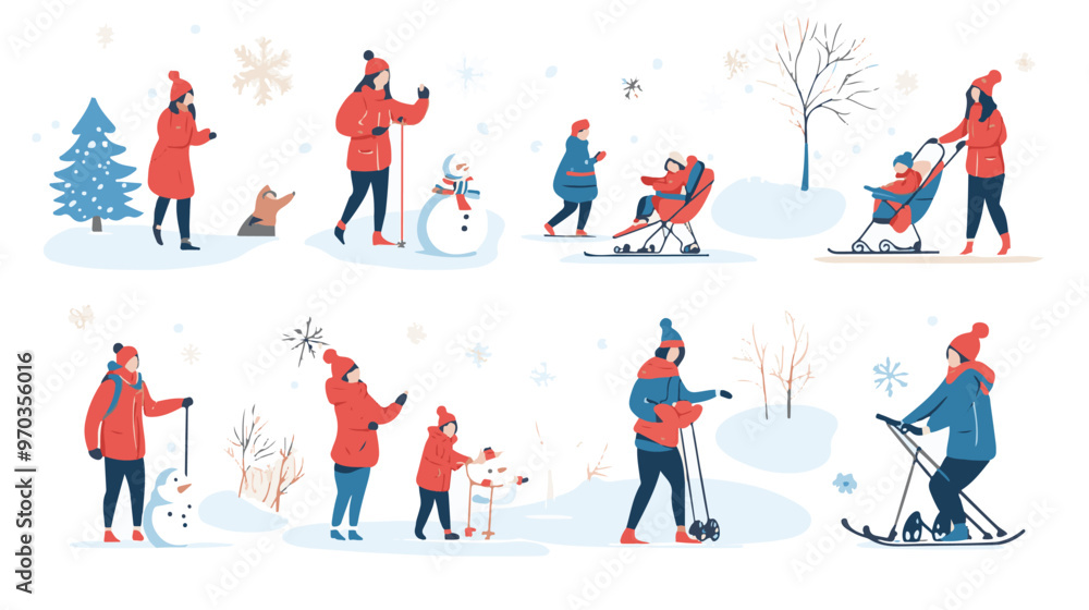 Set of various people having fun at winter. Flat vector illustrations of family making snowman, woman skiing, standing with pram. Winter leisure concept for banner, Set of various people having fun at winter. Flat vector illustrations of family making snowman, woman skiing, standing with pram. Winter leisure concept for banner,