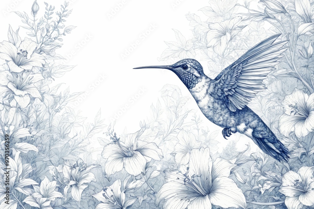 Obraz premium Blue white illustration hummingbird flight mid-flight its wings