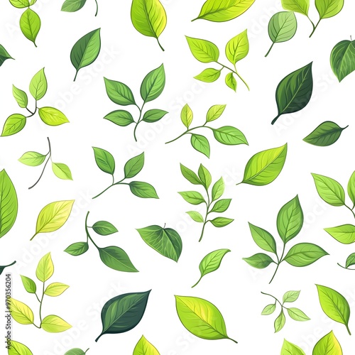 Seamless Natural Pattern of Varying Green Leaves on White Background