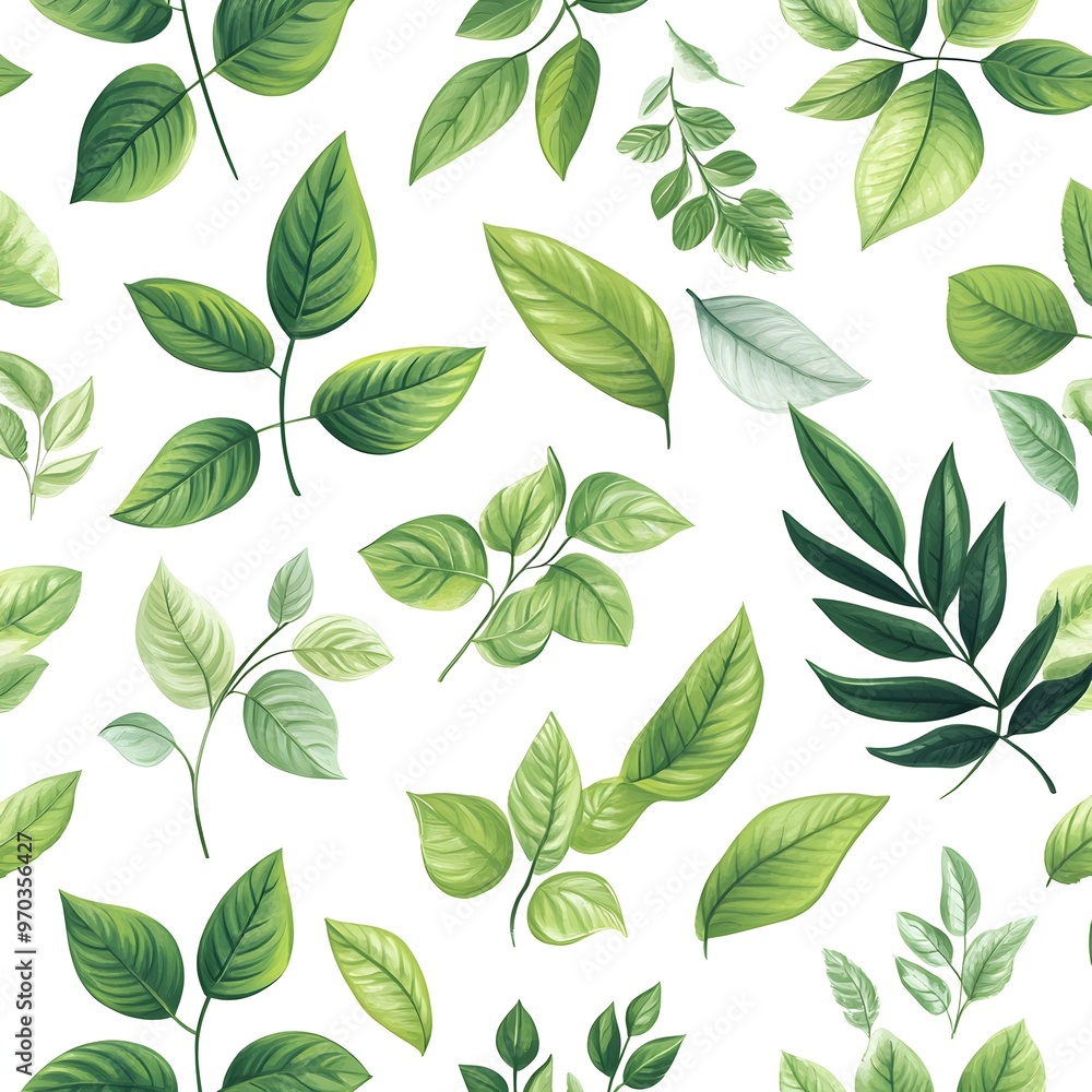 Seamless Natural Pattern with Fresh and Vibrant Variety of Leaves on Clean White Background Seamless Natural Pattern with Fresh and Vibrant Variety of Leaves on Clean White Background