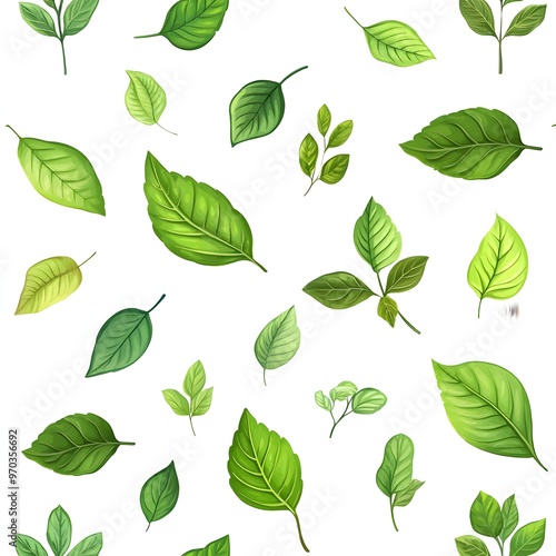 Seamless Natural Green Leaves Pattern on White Background for Botanical Floral and Environmental Designs