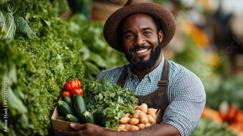 Smiling Farmer Holding Fresh Produce photo