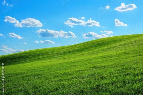 Green Land, Blue Sky, Summer Sunny Day Background, Wide View Of Lawn Hill and Blue Sky , ai