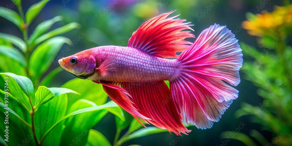 Obraz premium In the heart of the aquarium, a stunning pink betta fish flaunts its majestic flowing fins, dancing effortlessly