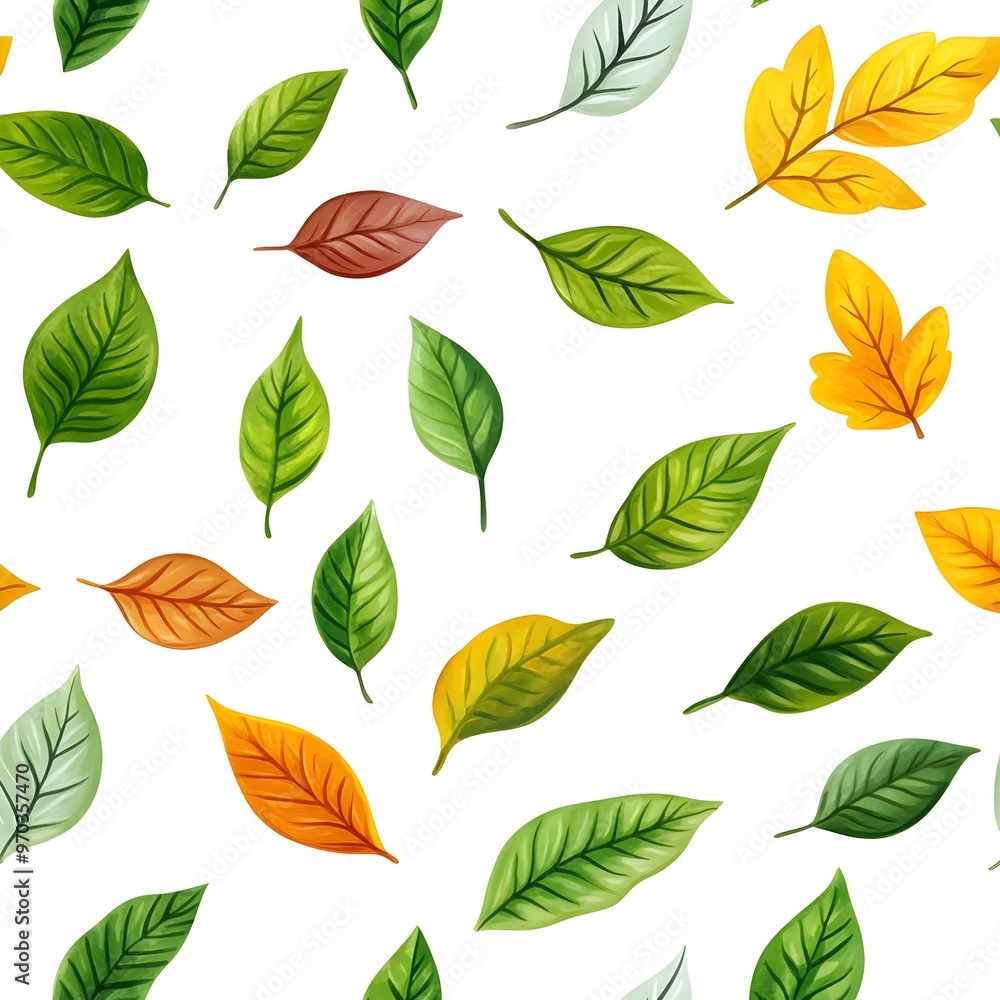 Seamless Natural Pattern with Fresh Leaves on White Background Seamless Natural Pattern with Fresh Leaves on White Background