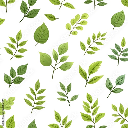 Seamless pattern with variety of natural and fresh green leaves on clean white background