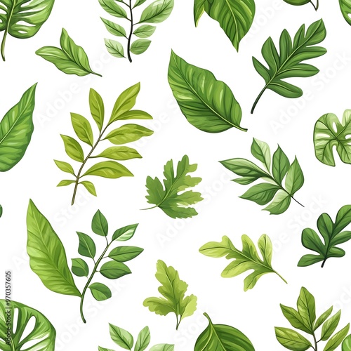 Seamless Natural Pattern with Fresh Green Leaves on White Background photo