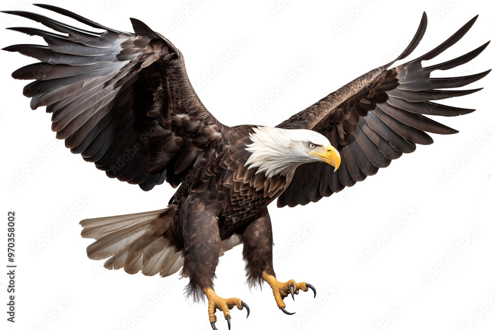 an isolated bald eagle (Haliaeetus leucocephalus) , flying in motion and in landing position, wildlife, Wildlife-themed, photorealistic illustration on a transparent background PNG. generative ai an isolated bald eagle (Haliaeetus leucocephalus) , flying in motion and in landing position, wildlife, Wildlife-themed, photorealistic illustration on a transparent background PNG. generative ai