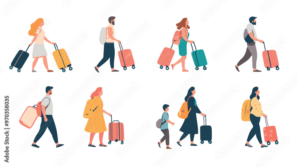 Set of travelers walking with luggage. Flat vector illustrations of families carrying travel cases. Set of travelers walking with luggage. Flat vector illustrations of families carrying travel cases.