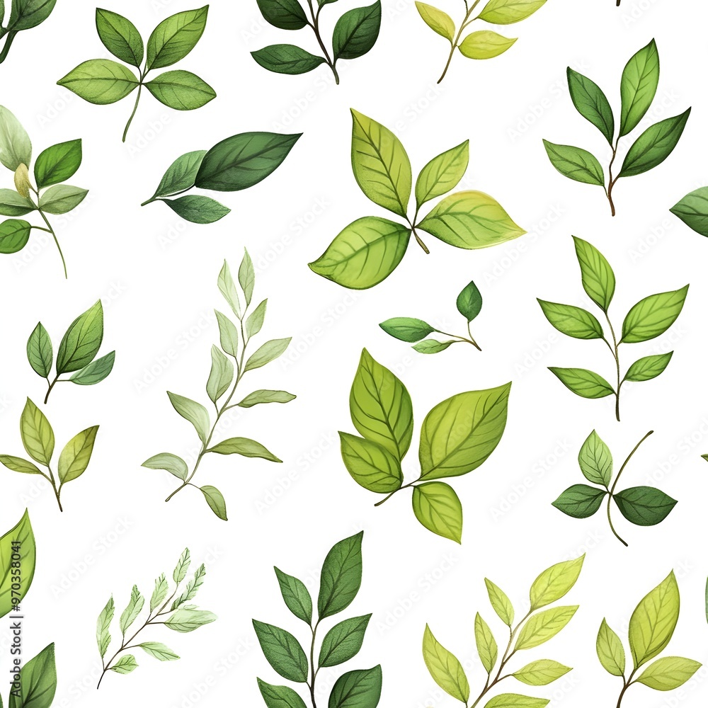 Seamless Pattern of Fresh and Vibrant Leaves on White Background Seamless Pattern of Fresh and Vibrant Leaves on White Background