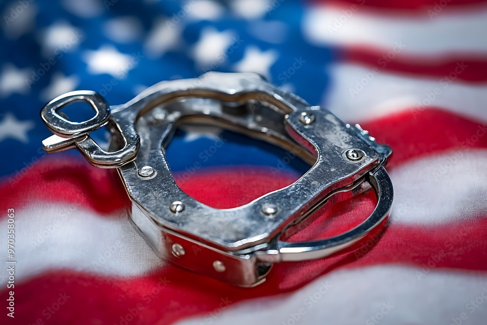 Obraz premium United States of America flag and police handcuffs. The concept of observance of the law in the country and protection from crime