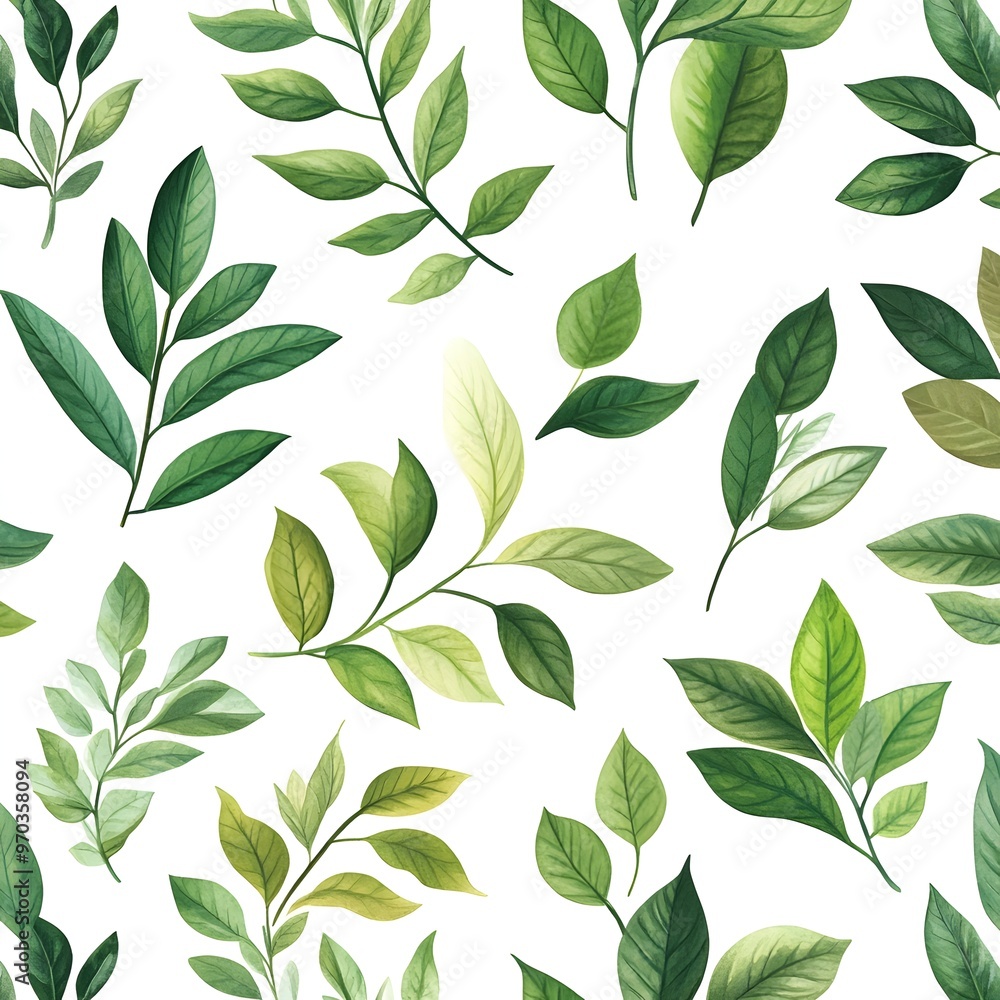 Seamless Natural Fresh Green Leaves Pattern on White Background Seamless Natural Fresh Green Leaves Pattern on White Background