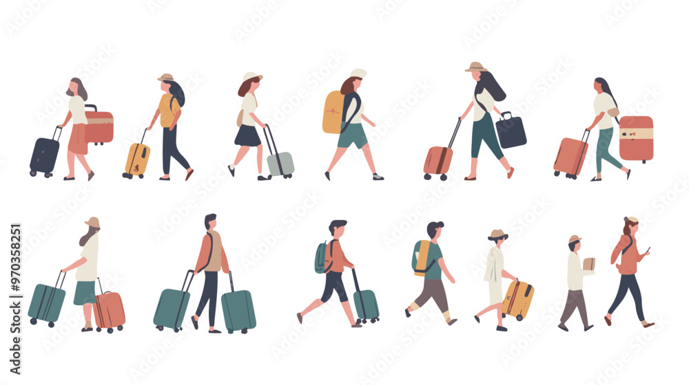 Set of travelers walking with luggage. Flat vector illustrations of families carrying travel cases. Set of travelers walking with luggage. Flat vector illustrations of families carrying travel cases.