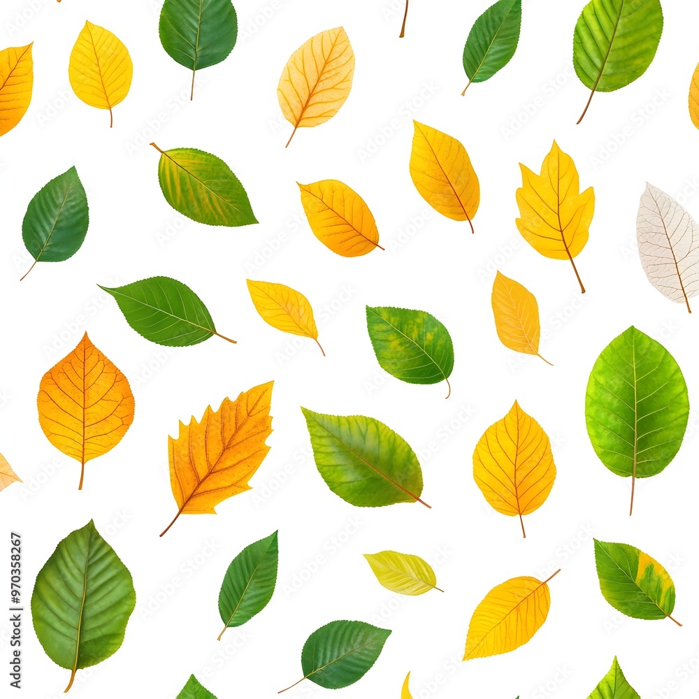 Seamless Pattern with Various Fresh Leaves on White Background Seamless Pattern with Various Fresh Leaves on White Background