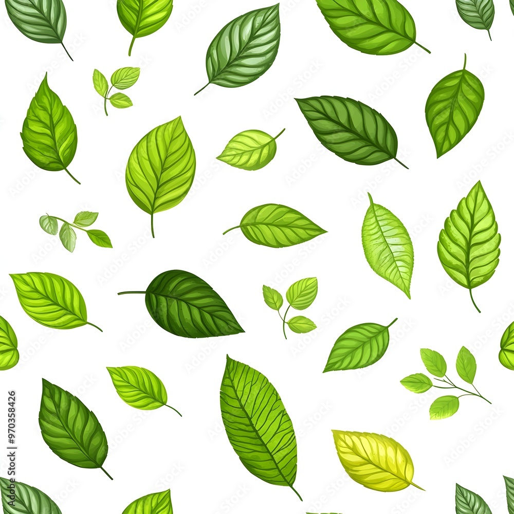 Seamless Pattern of Fresh and Natural Various Green Leaves on White Background Seamless Pattern of Fresh and Natural Various Green Leaves on White Background