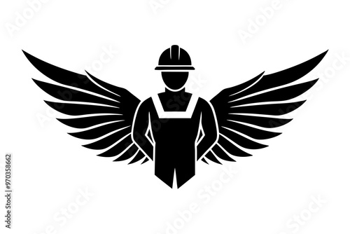  Construction worker angel icon logo. line art. silhouette black color, vector illustration photo