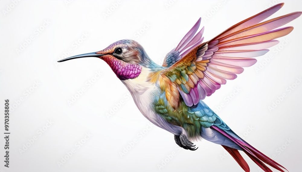 Fototapeta premium Vibrant hummingbird in flight against a white background