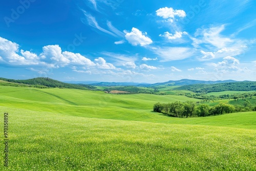 Green Land, Blue Sky, Summer Sunny Day Background, Wide View Of Lawn Hill and Blue Sky , ai