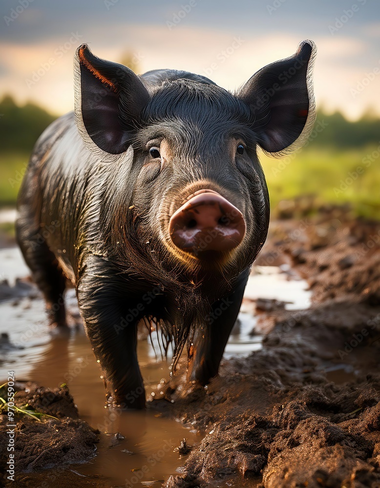 Black pig standing in muddy puddle on a sunny day Black pig standing in muddy puddle on a sunny day