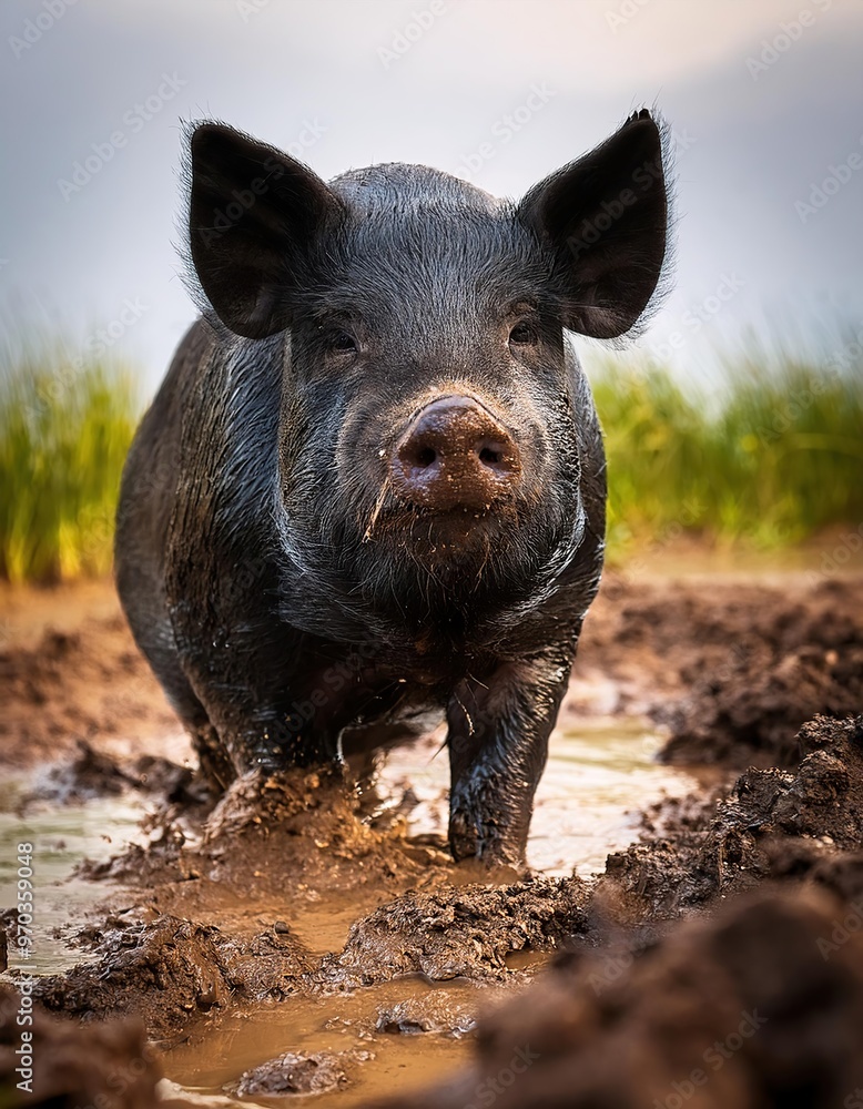 Black pig enjoying a muddy environment in a rural setting