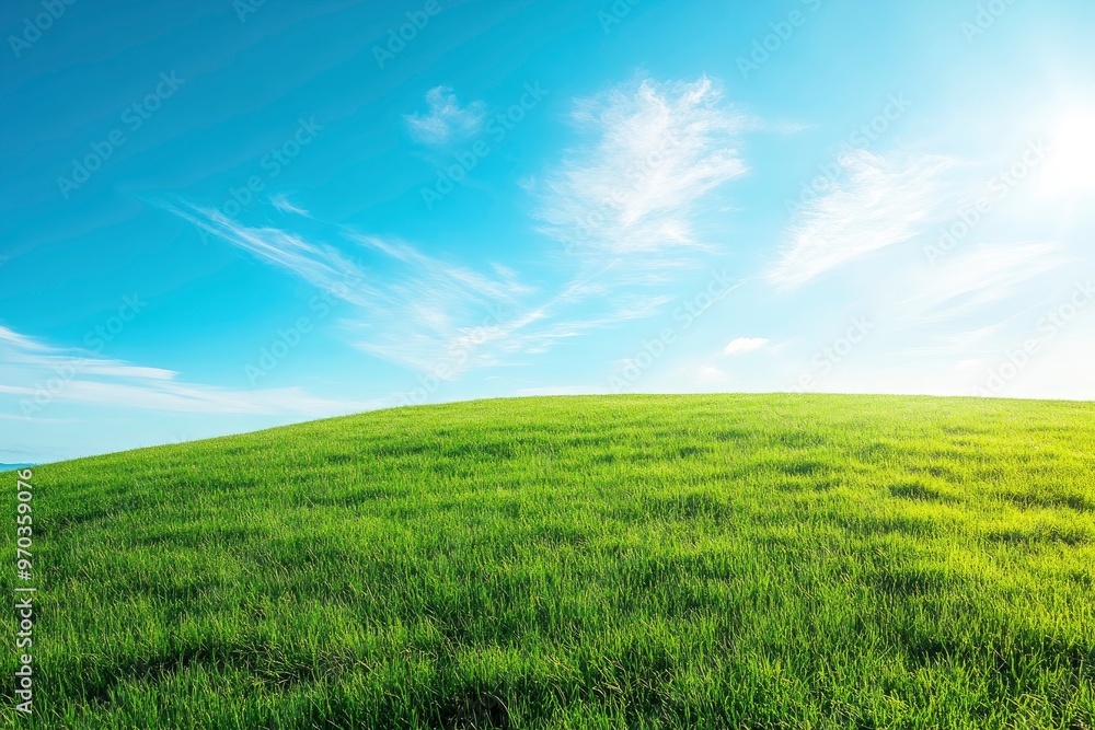 Obraz premium Green Land, Blue Sky, Summer Sunny Day Background, Wide View Of Lawn Hill and Blue Sky , ai