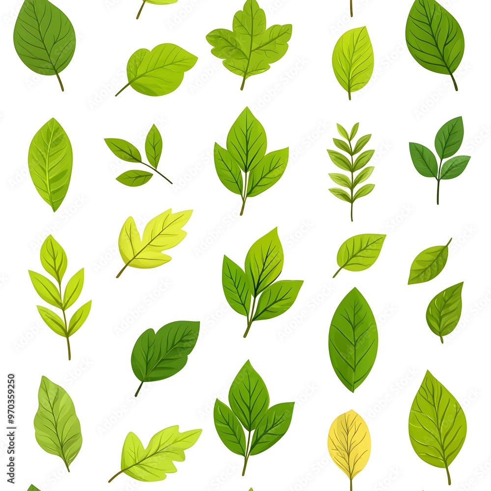 Seamless Pattern of Various Fresh and Natural Leaves on White Background Seamless Pattern of Various Fresh and Natural Leaves on White Background