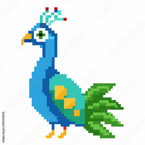 Colorful Pixel Art Peacock Vibrant Digital Retro Style Animal Illustration