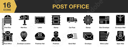 Post Office solid icon set. Includes box envelope, car post, location, mail, letter, and More. Solid icons vector collection.