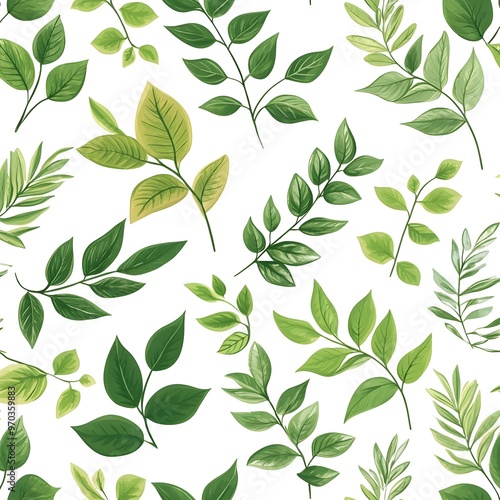 Lush Botanical Leaves Seamless Pattern on White Background