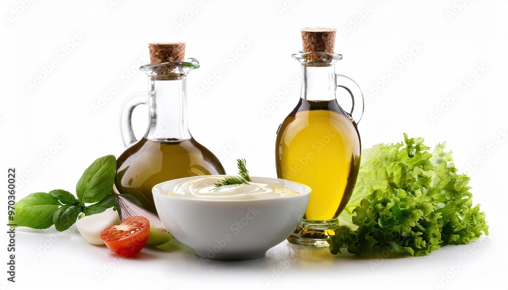 Fresh salad ingredients with olive oil and dressing on white background Fresh salad ingredients with olive oil and dressing on white background