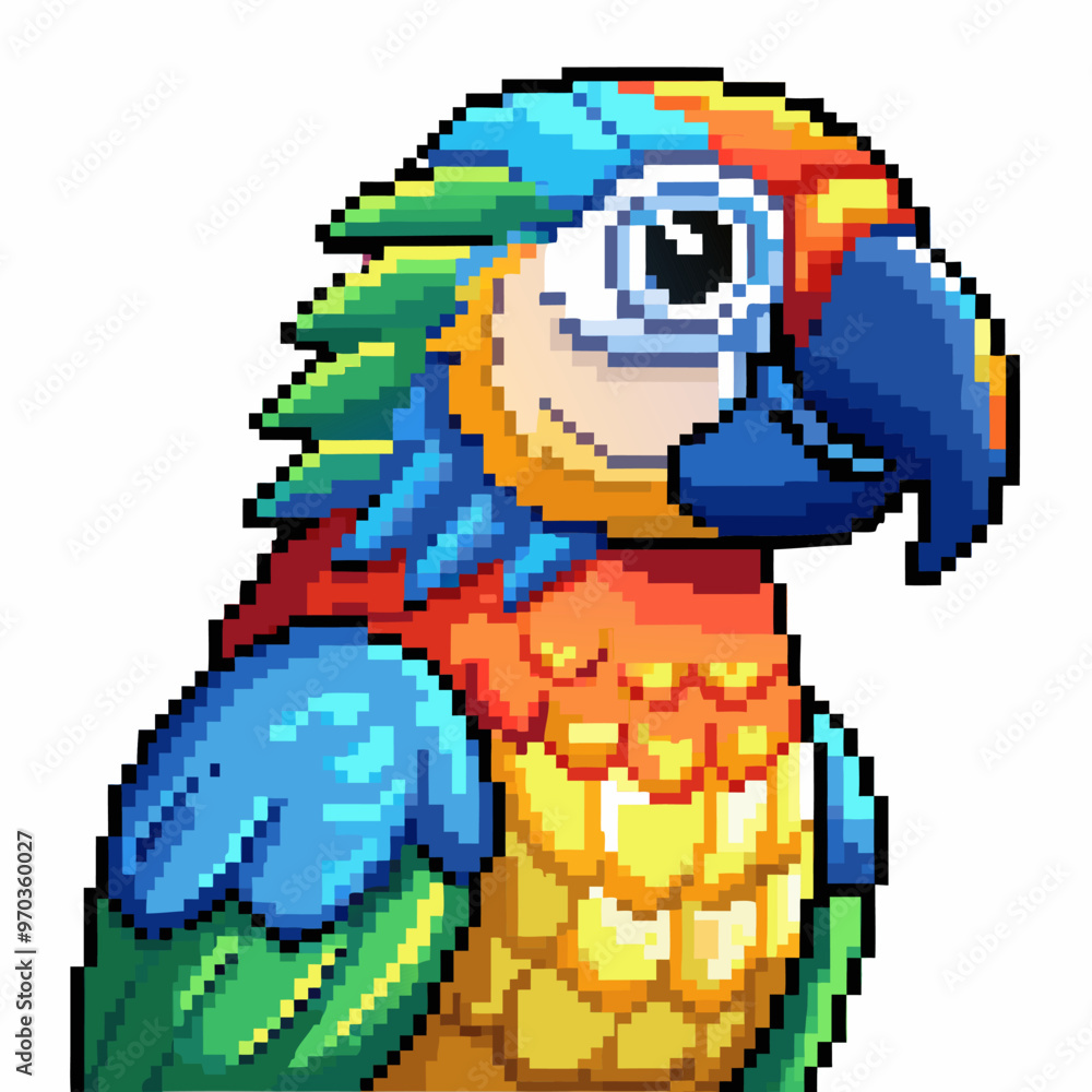 Colorful Pixel Art Parrot Illustration with Detailed Feathers and Vibrant Colors Colorful Pixel Art Parrot Illustration with Detailed Feathers and Vibrant Colors