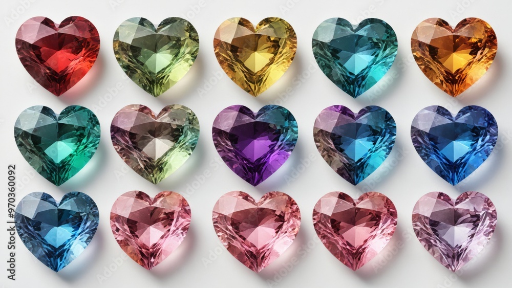 Fototapeta premium Collection nine heart-shaped gemstones arranged grid-like patter