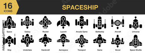 Spaceship solid icon set. Includes aerospace, aircraft, arcade game, battleship, and More. Solid icons vector collection.