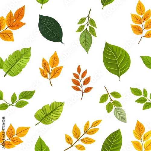 Seamless Pattern of Fresh and Vibrant Natural Leaves on a Tranquil White Background