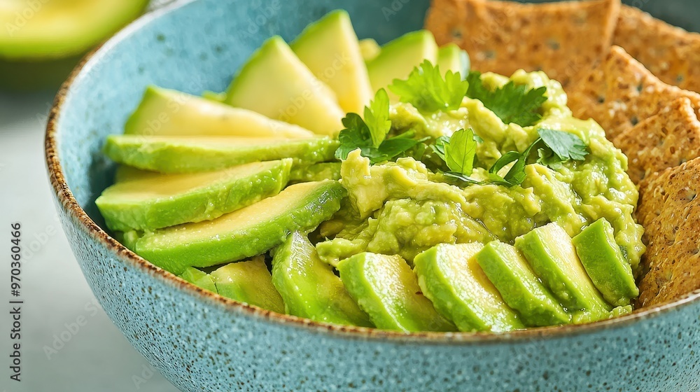 Guacamole with Sliced Avocado and Crackers in Blue Bowl Guacamole with Sliced Avocado and Crackers in Blue Bowl