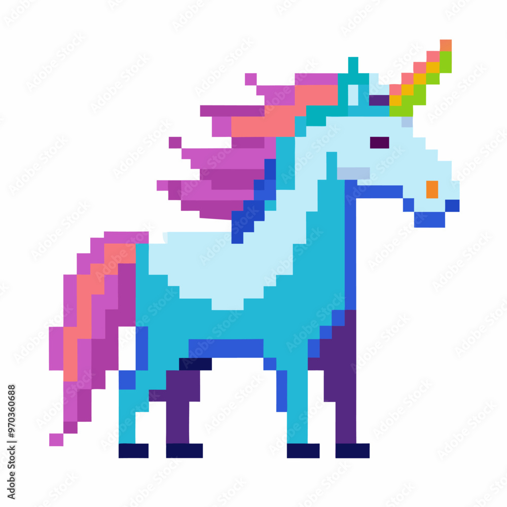 Fototapeta premium Pixel Art Unicorn with Rainbow Mane and Horn in Retro 8 Bit Style