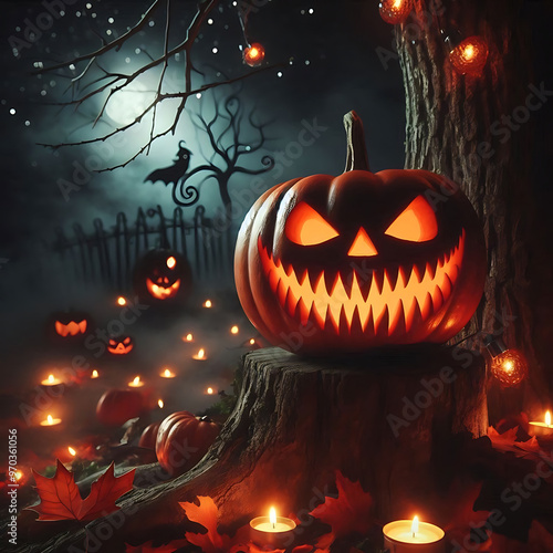 Halloween background with pumpkins and full moon. Vector illustration. photo