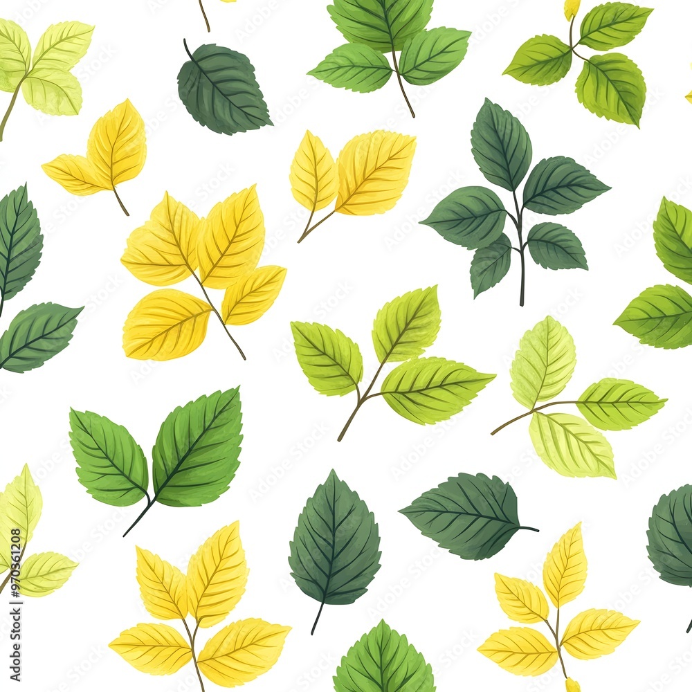 Seamless Natural Leaf Pattern with Vibrant Green and Yellow Foliage on White Background Seamless Natural Leaf Pattern with Vibrant Green and Yellow Foliage on White Background
