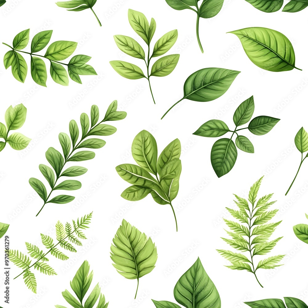 Seamless pattern with various fresh and natural green leaves on white background Seamless pattern with various fresh and natural green leaves on white background