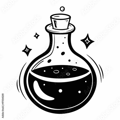Black and White Potion Flask Illustration   Magic Potion Bottle Clipart for Science and Fantasy Themes