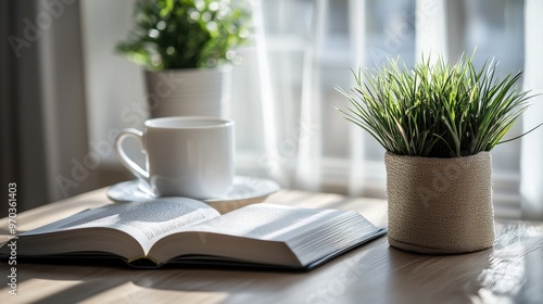 Open book, cup of coffee and green plant on a wooden table by a window.