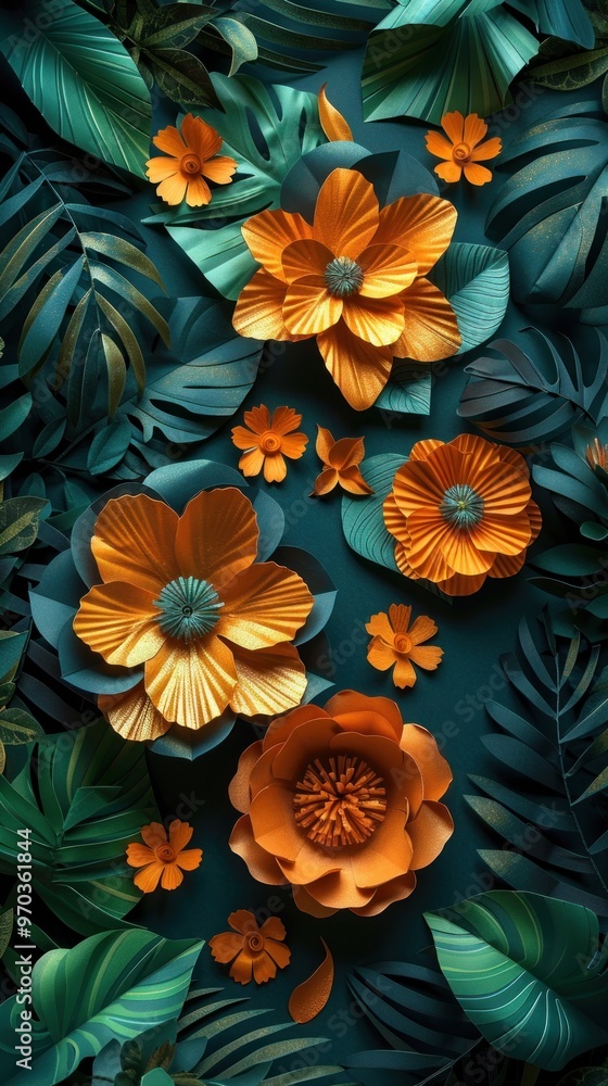 Paper Flowers on Teal Background Paper Flowers on Teal Background