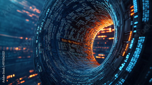 Fototapeta Naklejka Na Ścianę i Meble -  Futuristic digital tunnel with glowing blue and orange lights, showcasing intricate patterns and data streams. This mesmerizing scene evokes sense of advanced technology and innovation