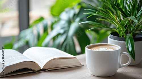 Coffee, Book, and Plant on a Table.