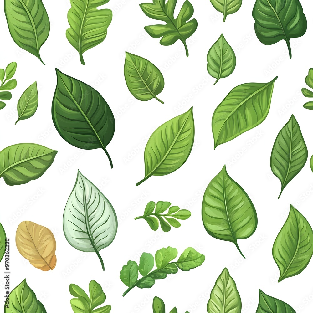 Seamless Pattern of Natural Fresh Diverse Leaves on White Background Seamless Pattern of Natural Fresh Diverse Leaves on White Background