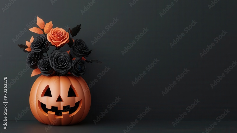 Fototapeta premium Halloween-themed floral display, dark roses in a carved pumpkin vase, 3D illustration