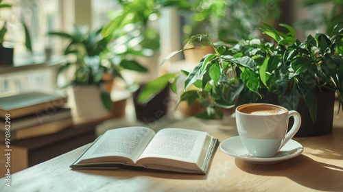 Coffee, Book, and Plants on a Table.